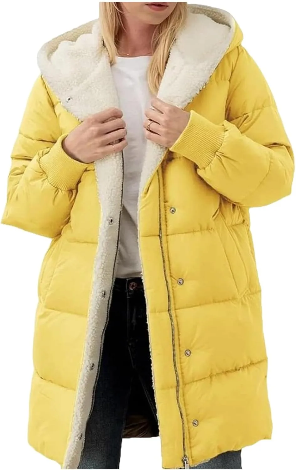 Women's Winter Down Jackets Sherpa Lined Long Puffer Jacket Button Down Zip Up Hooded Coats Thicken Warm Outwear Coat