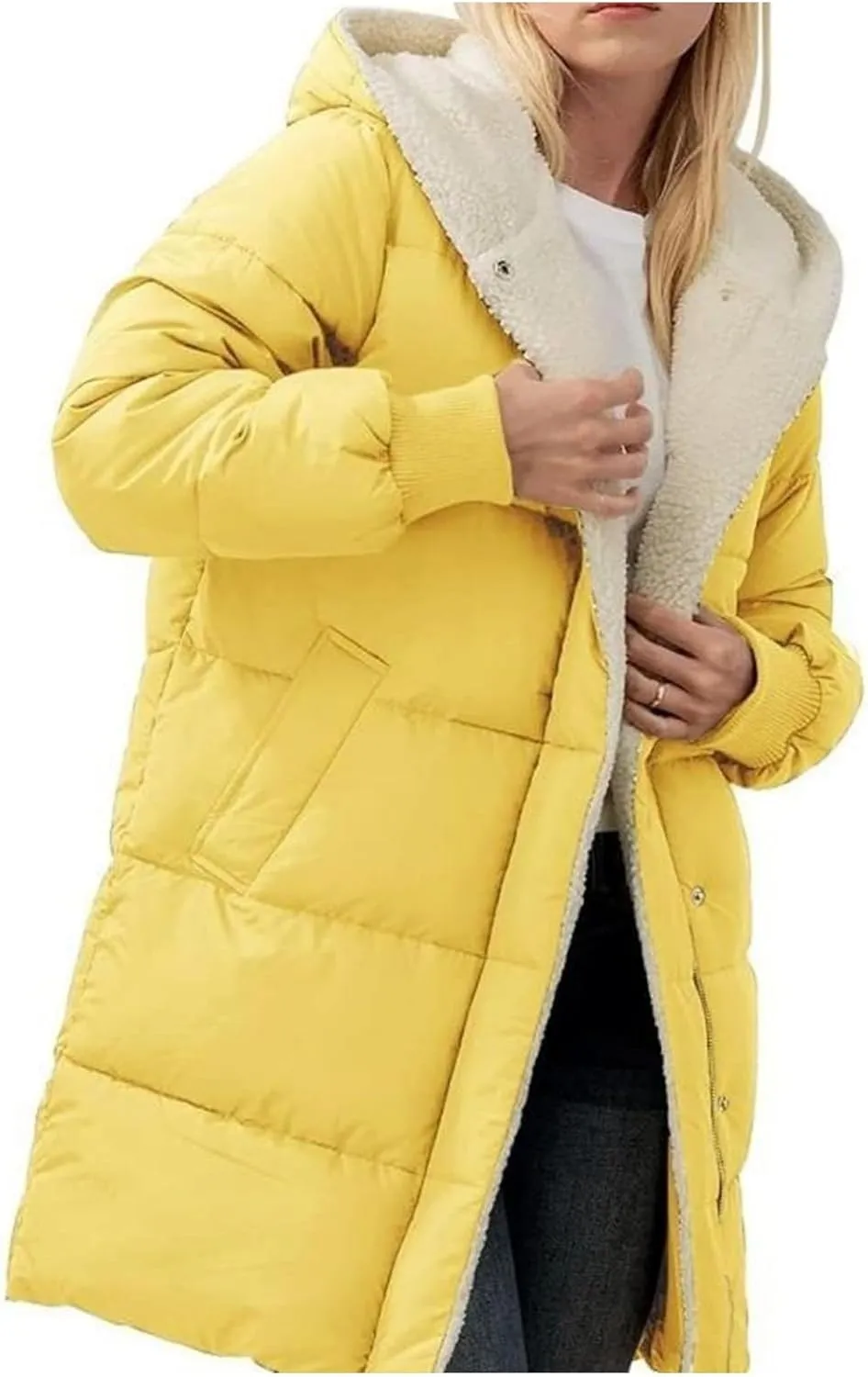 Women's Winter Down Jackets Sherpa Lined Long Puffer Jacket Button Down Zip Up Hooded Coats Thicken Warm Outwear Coat
