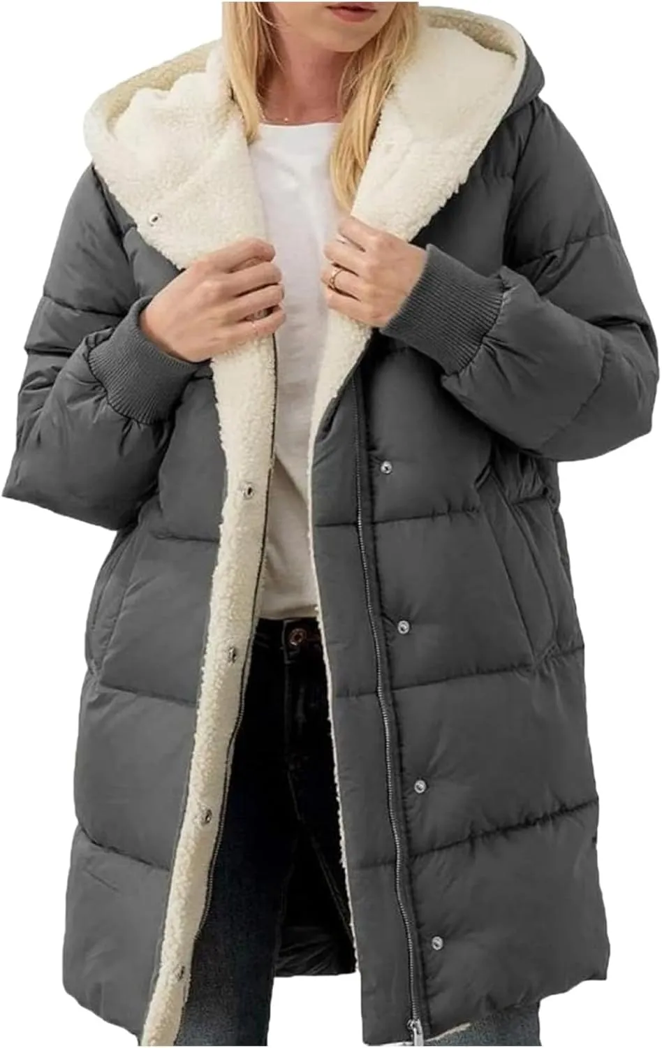 Women's Winter Down Jackets Sherpa Lined Long Puffer Jacket Button Down Zip Up Hooded Coats Thicken Warm Outwear Coat