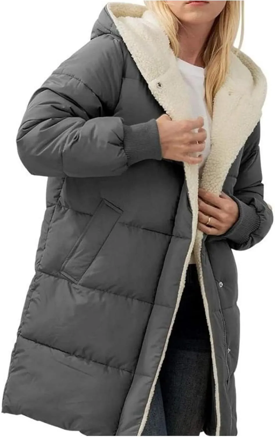 Women's Winter Down Jackets Sherpa Lined Long Puffer Jacket Button Down Zip Up Hooded Coats Thicken Warm Outwear Coat