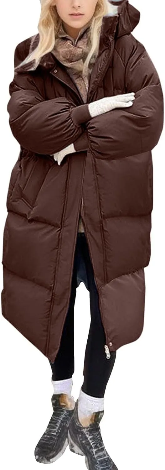 Women's Winter Warm Thicken Hooded Puffer Coat Knee Length Quilted Down Coats Long Lightweight Outwear Parka Jacket