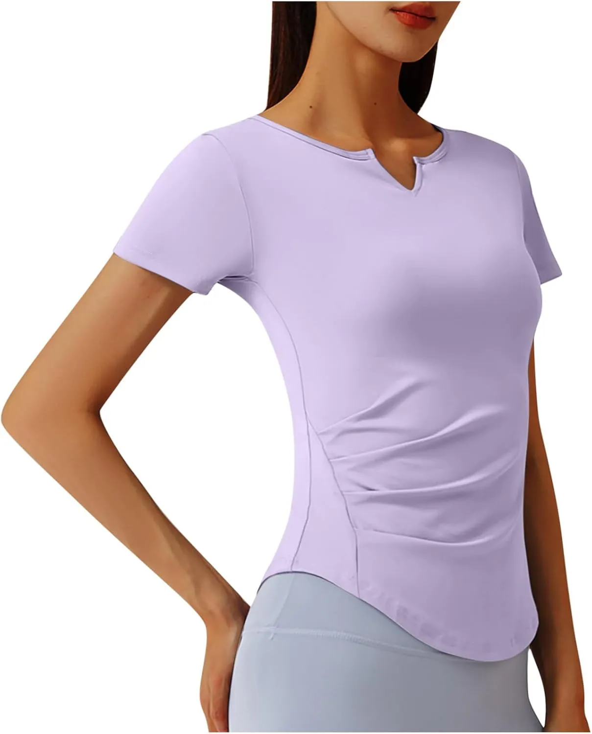 Women's Workout Tops Short Sleeve Gym Shirts Summer Sports Athletic Yoga Tshirts Slim Fit Casual Notched V Neck Tee