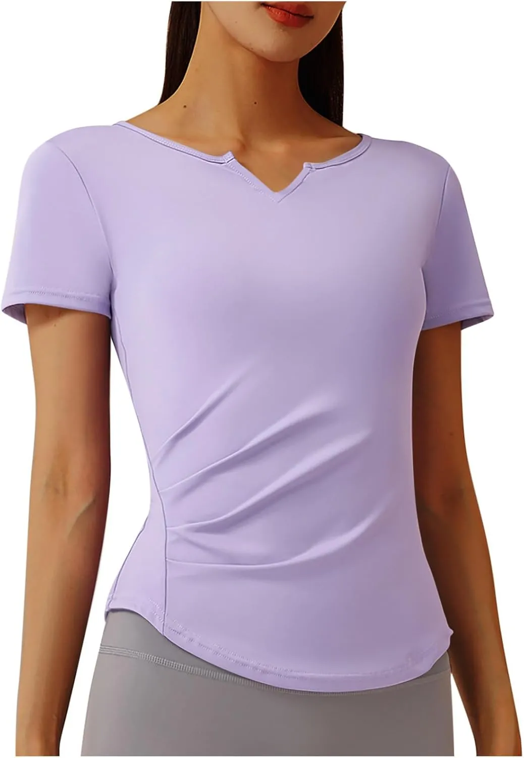 Women's Workout Tops Short Sleeve Gym Shirts Summer Sports Athletic Yoga Tshirts Slim Fit Casual Notched V Neck Tee