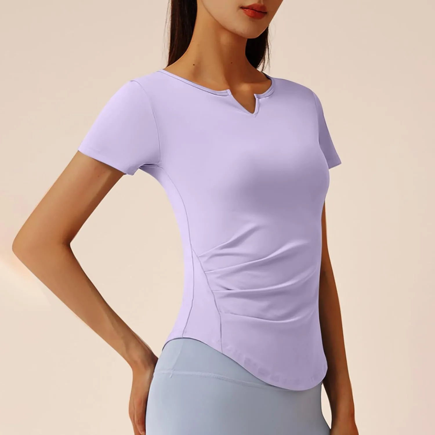 Women's Workout Tops Short Sleeve Gym Shirts Summer Sports Athletic Yoga Tshirts Slim Fit Casual Notched V Neck Tee