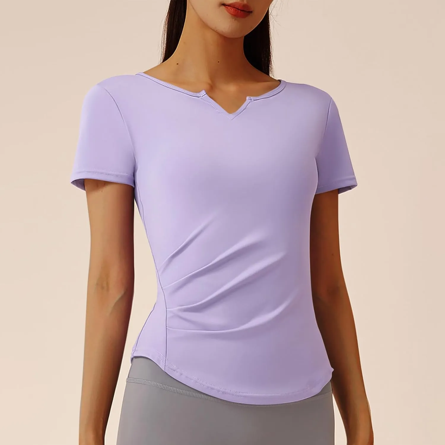 Women's Workout Tops Short Sleeve Gym Shirts Summer Sports Athletic Yoga Tshirts Slim Fit Casual Notched V Neck Tee