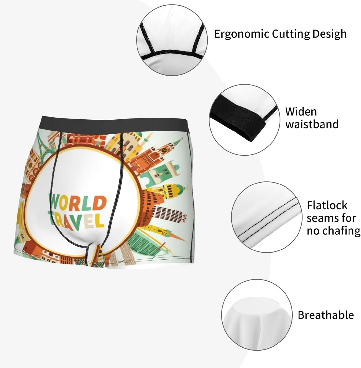 World Travel3 Print Boxer Briefs For Men Breathable Underwear-