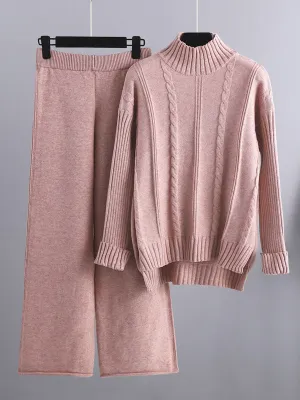 xakxx Loose Long Sleeves Split-Side Solid High-Low Half Turtleneck Sweater Tops & Wide Leg Pants Two Pieces Set