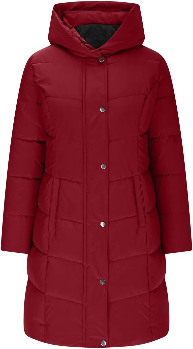 XUNRYAN Womens Puffer Sherpa Jackets Winter Warm Coat Mid Long Quilted Fleece Down Jacket Hooded Thick Anorak Parka Outerwear