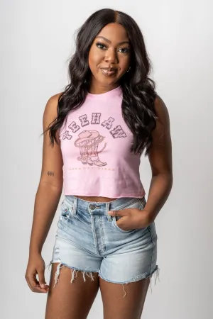 Yeehaw graphic crop tank top pink