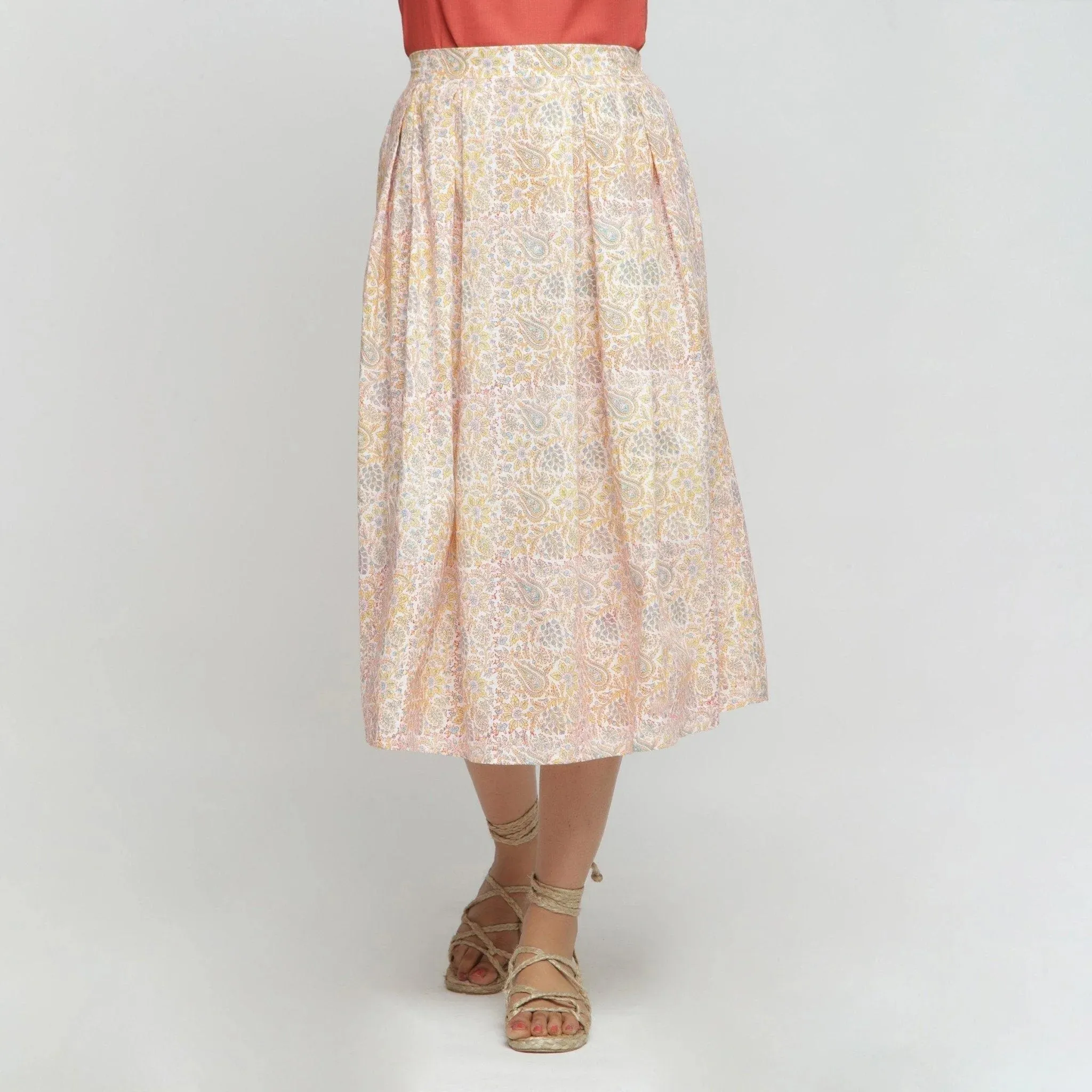 Yellow Sanganeri Block Print Cotton Midi Skirt