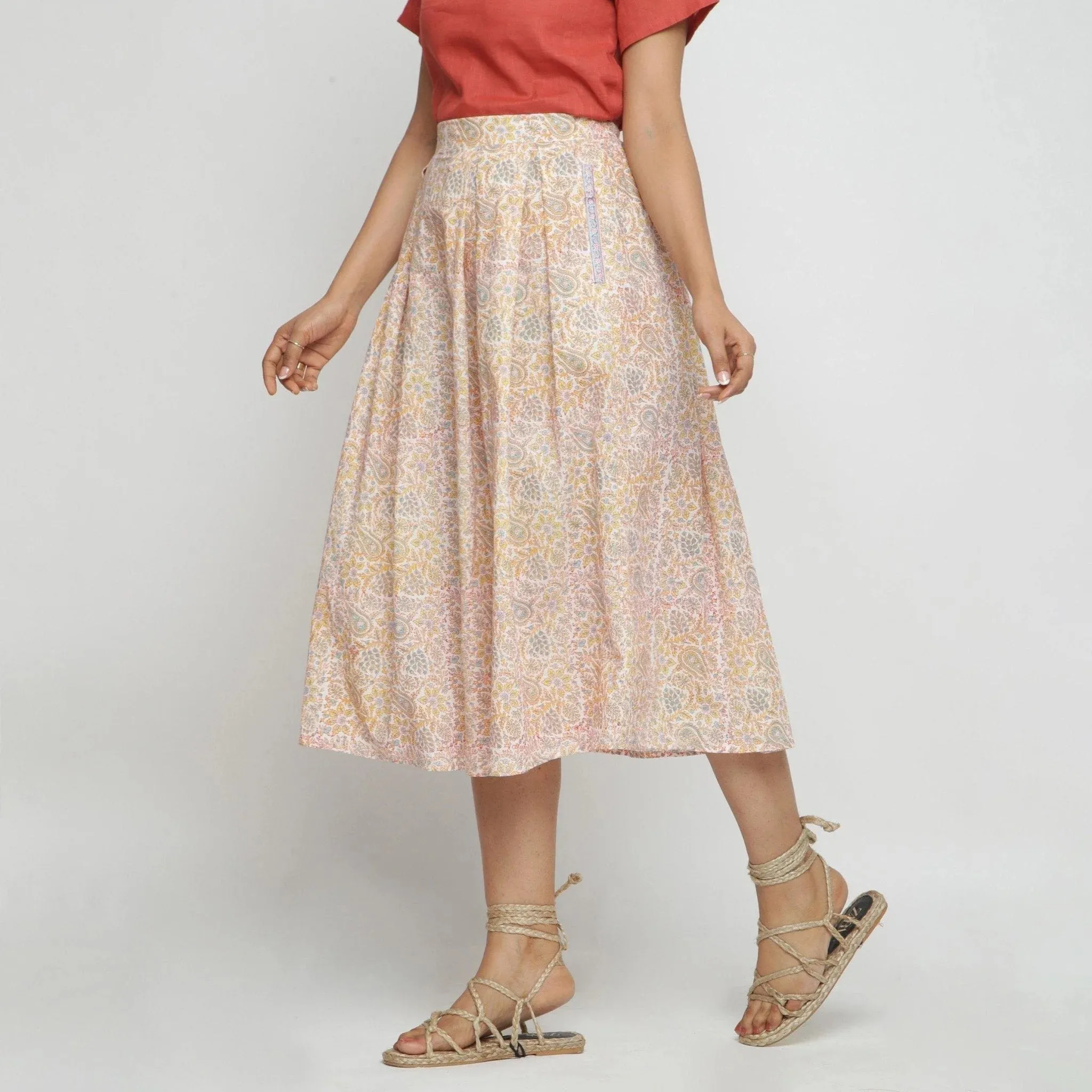 Yellow Sanganeri Block Print Cotton Midi Skirt