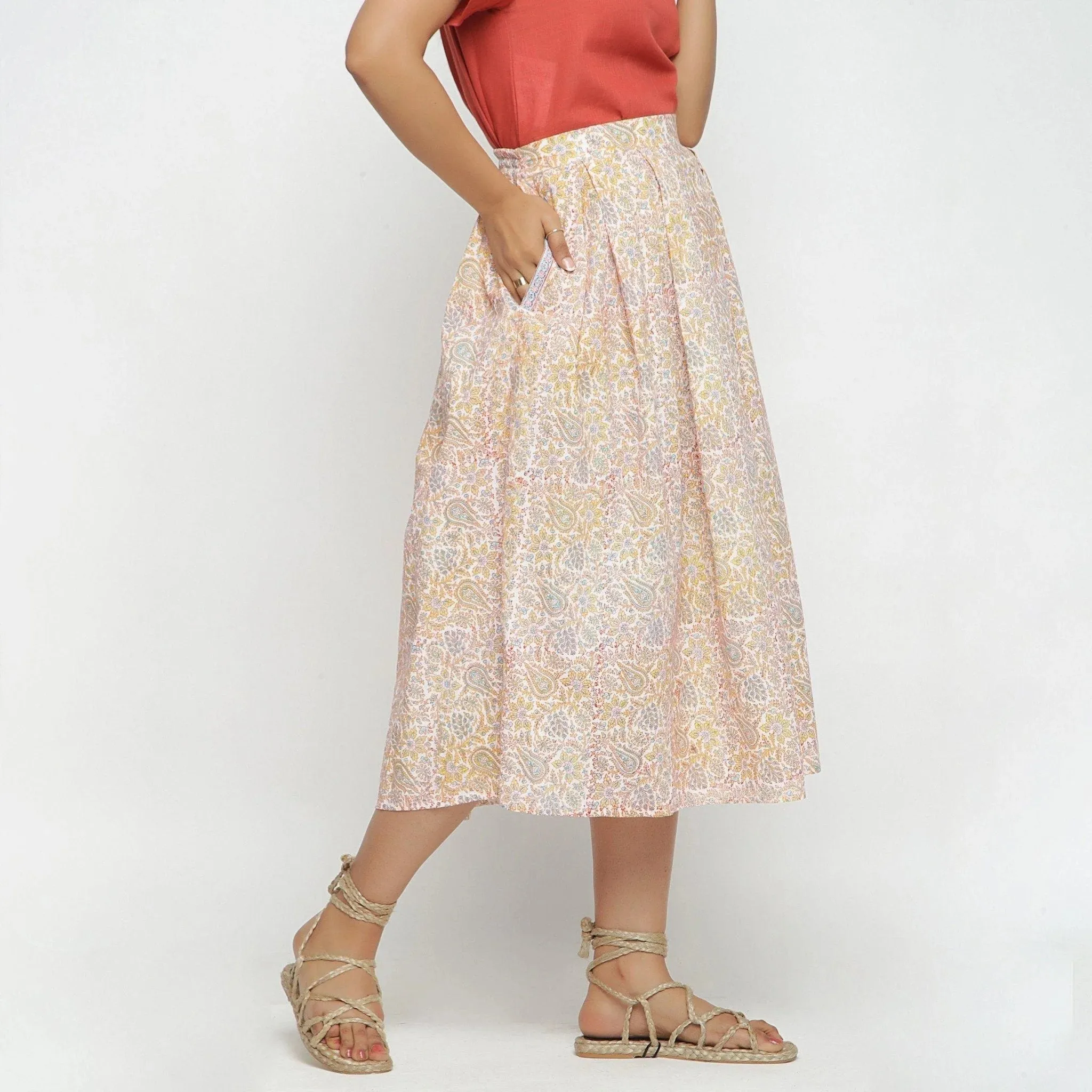 Yellow Sanganeri Block Print Cotton Midi Skirt
