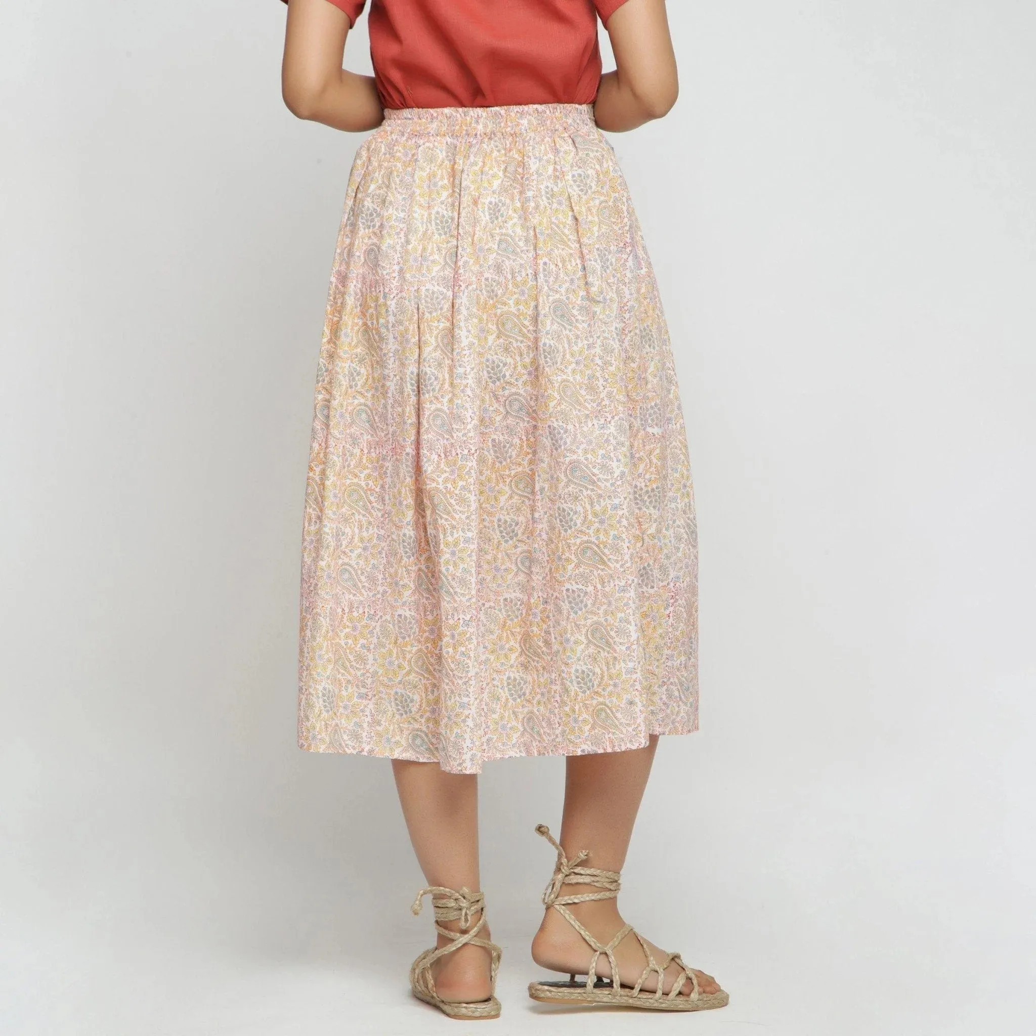 Yellow Sanganeri Block Print Cotton Midi Skirt
