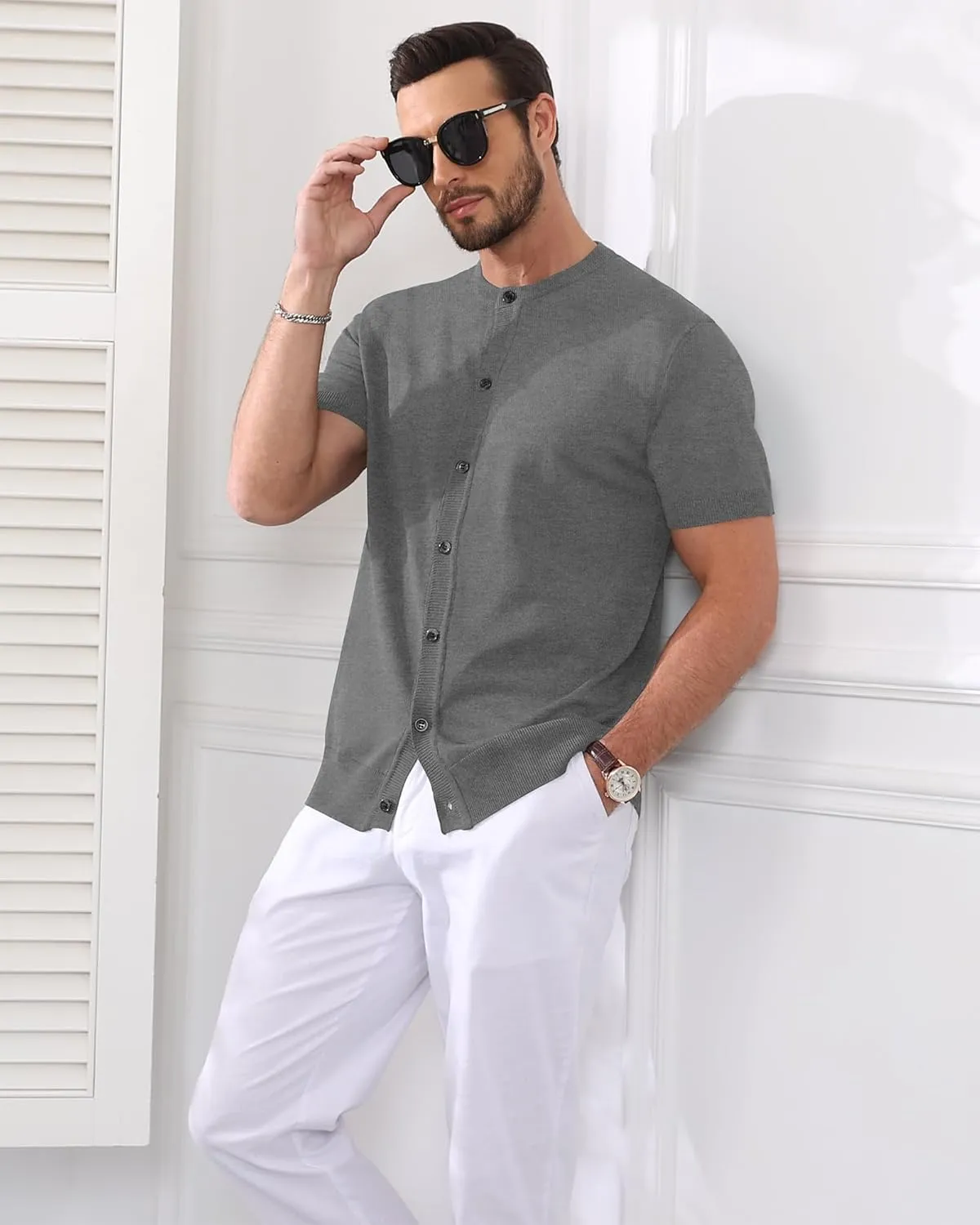 YTD Men's Knit Casual Button Down Shirts Short Sleeve Textured Summer Beach Shirts