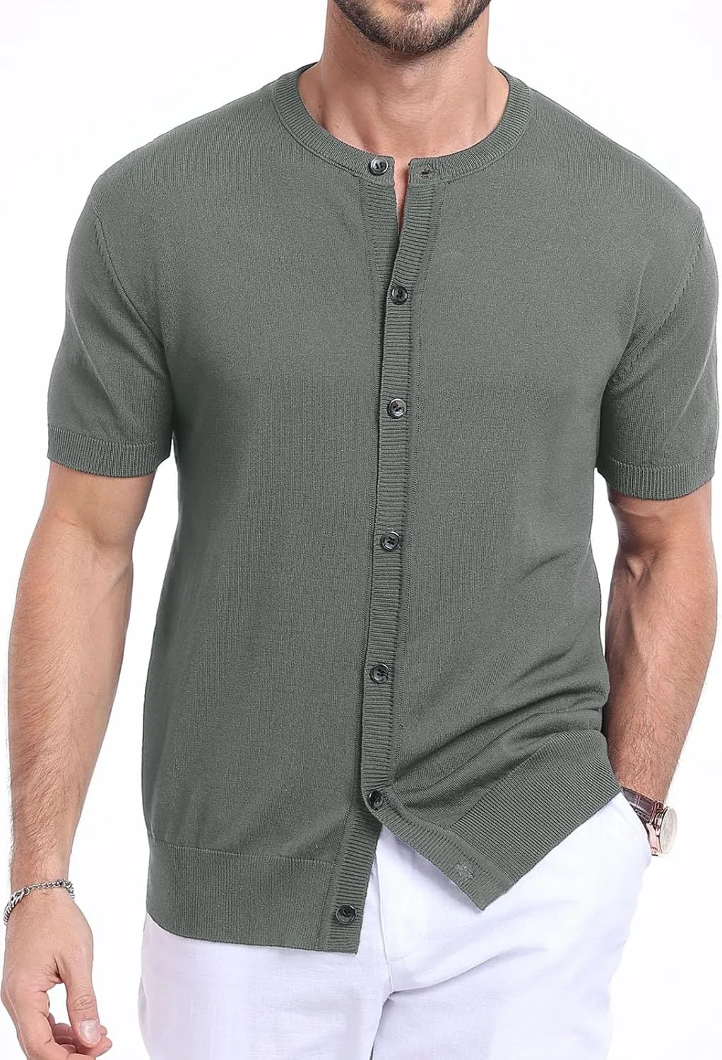 YTD Men's Knit Casual Button Down Shirts Short Sleeve Textured Summer Beach Shirts