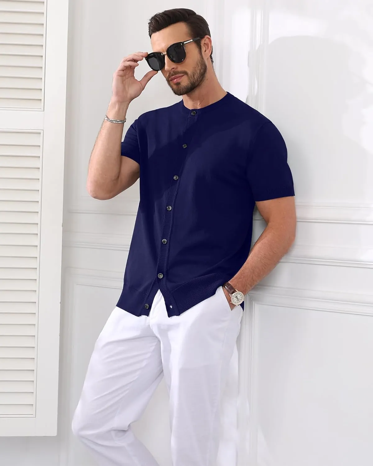 YTD Men's Knit Casual Button Down Shirts Short Sleeve Textured Summer Beach Shirts