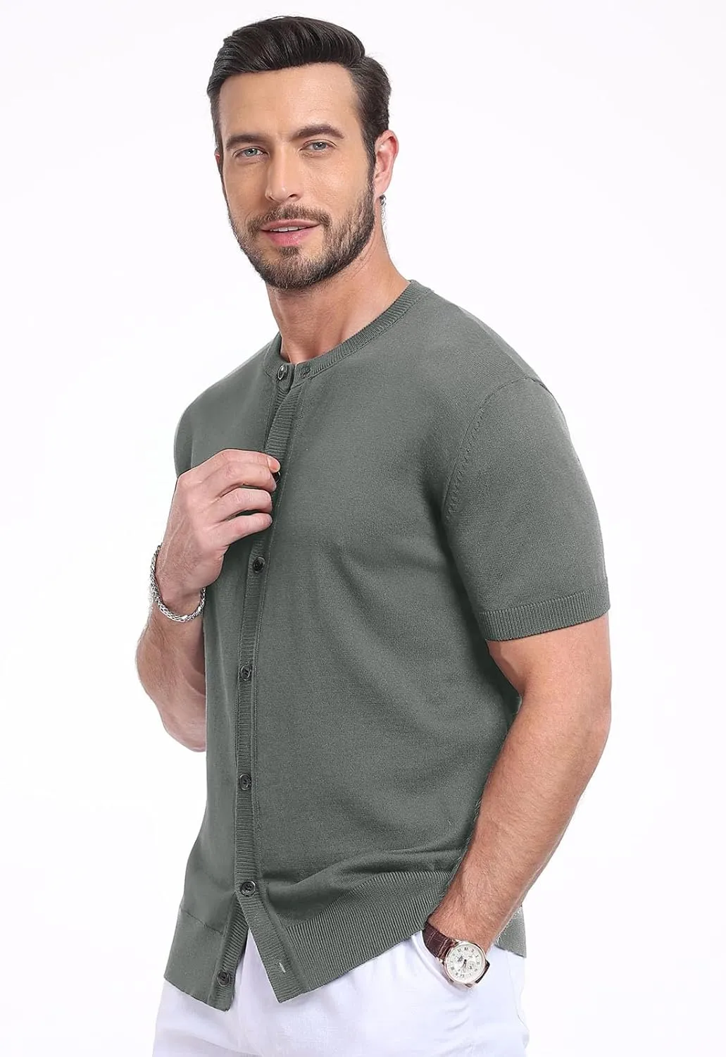 YTD Men's Knit Casual Button Down Shirts Short Sleeve Textured Summer Beach Shirts